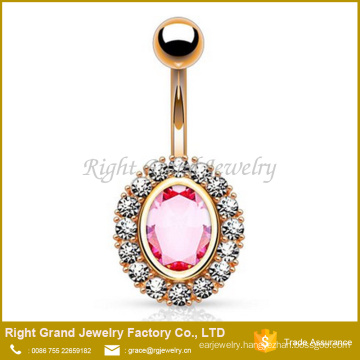 Pink Oval Cubic Zirconia Setting Clear Gems On Rims Gold Plated Surgical Steel Belly Ring